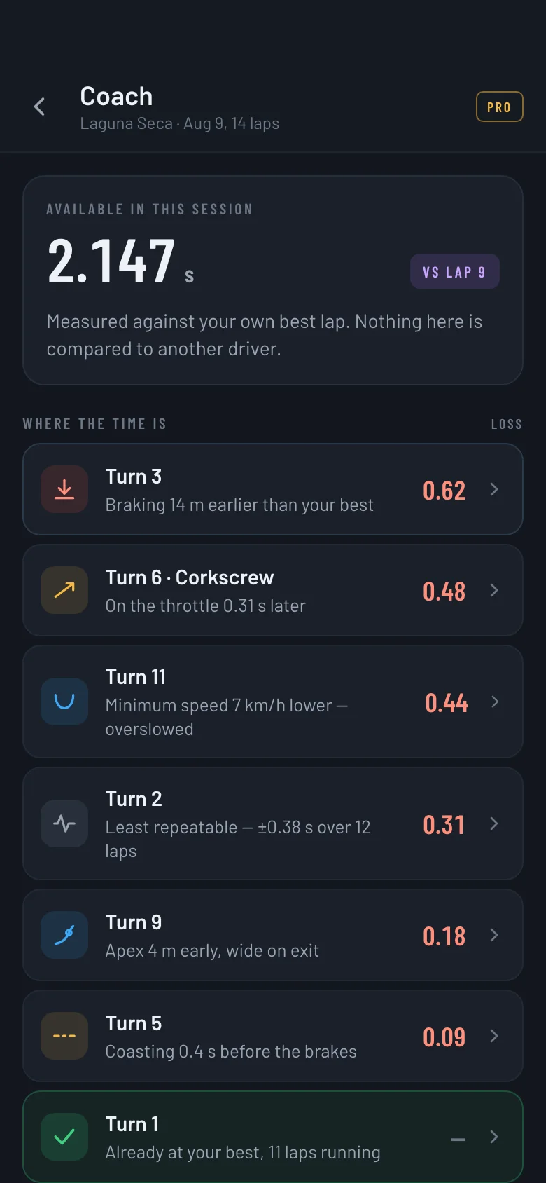 LapFlux Coach summary: time available in the session, corner by corner
